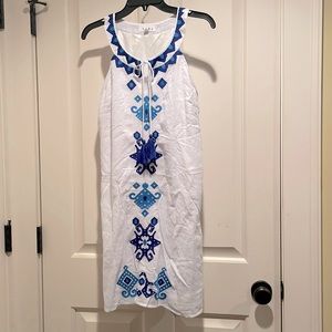 THML Embroidered Halter Dress Blue Boho Print